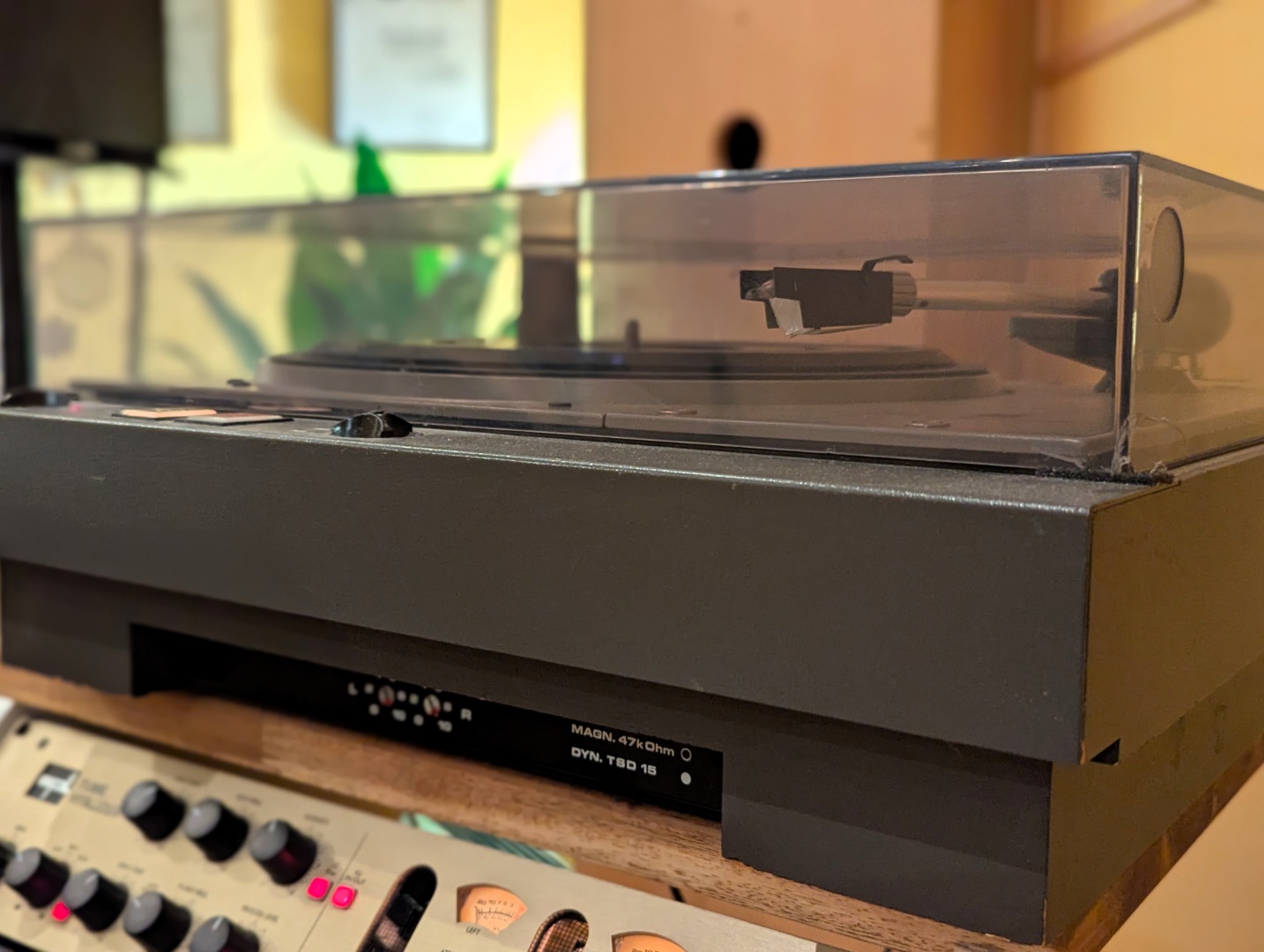 High-End-Plattenspieler unter Staubschutzhaube mit Phono-Vorstufe